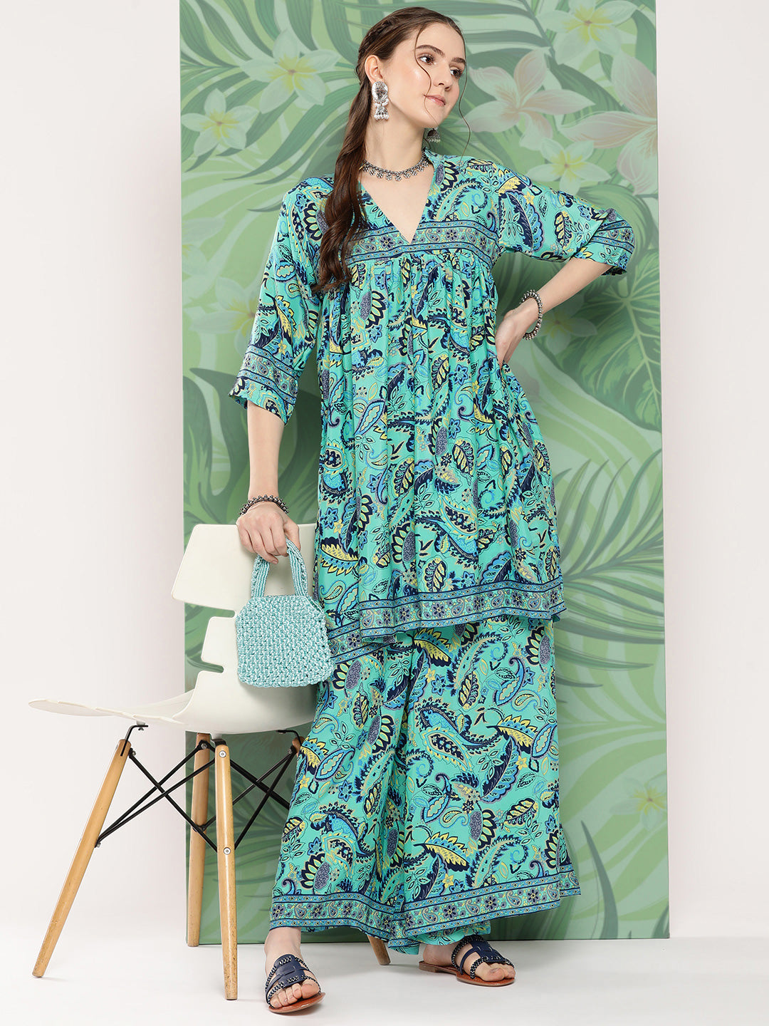 InWeave Women's Turquoise Blue Camelia Printed Ethnic Kurta Set