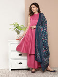 InWeave Women's Fuchsia Lurex Boho Kurta Set With Blue Printed Cotton Dupatta