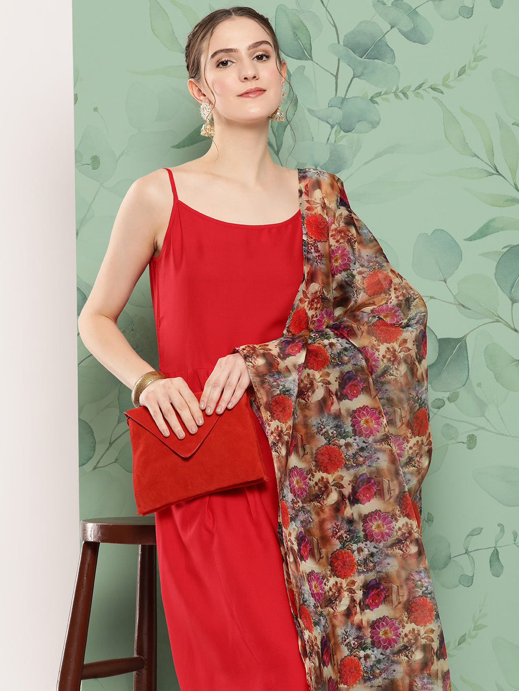 InWeave Women's Red Strappy Set W Camel Brown Or Duptta