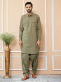 Fabmade Olive Cotton Linen Pathani Kurta With Salwar