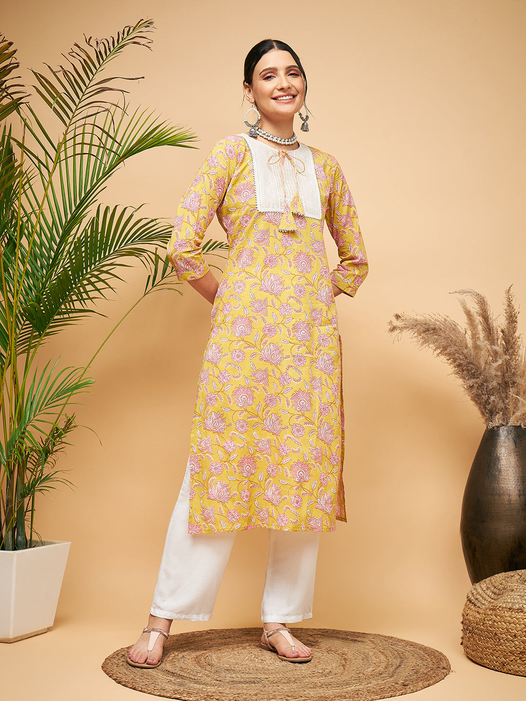 InWeave Women's Lime Pink Print Patch Cotton Straight Kurta Pant Set