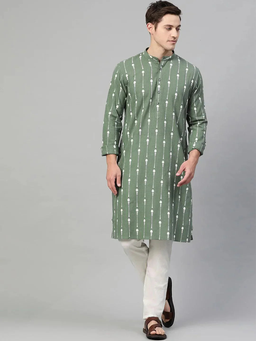 Fabmade Green And White Printed Straight Kurta Pyjama