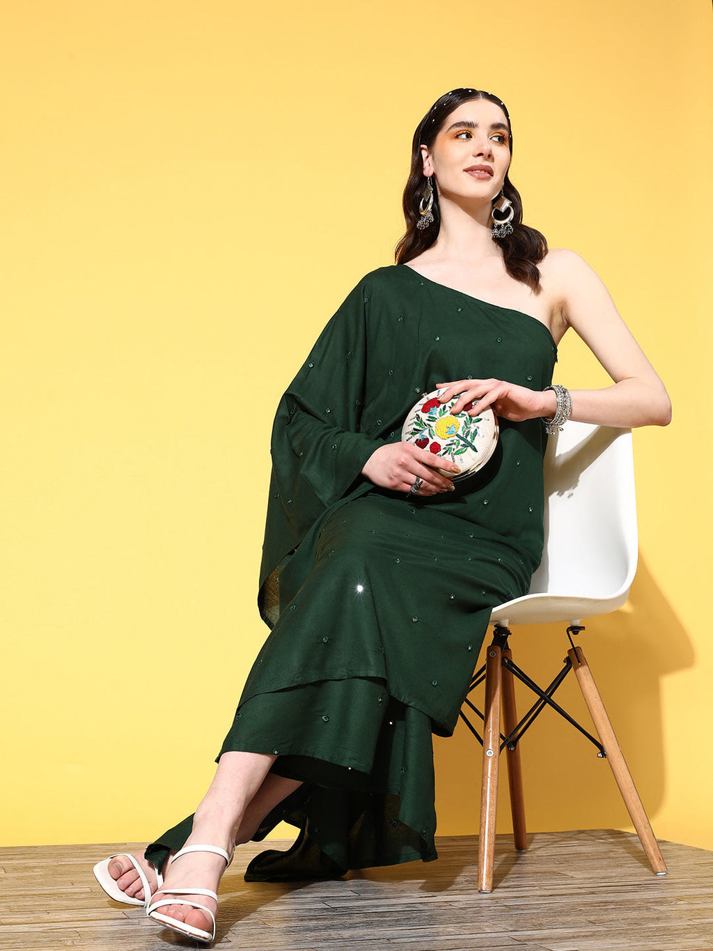 InWeave Women's Green Mirror Work One Shoulder Kurta Set