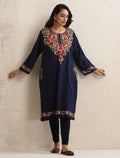 trueBrowns Blue Floral Embroidered Woollen Phiran Kurta