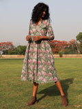 trueBrowns Sage Cotton Block Print Lapel Collared Dress