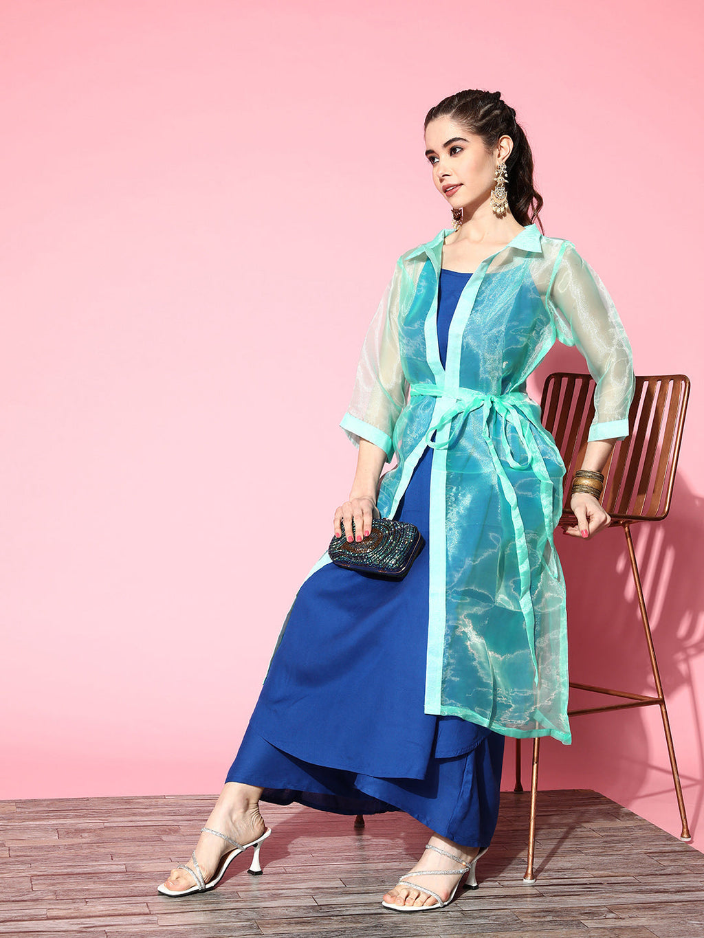 InWeave Women's Ink Blue Strappy Kurta Set With Teal Organza Cape