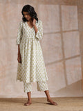 trueBrowns Green Buta On Off White Block Print Cotton Slit Gathered Kurta Set