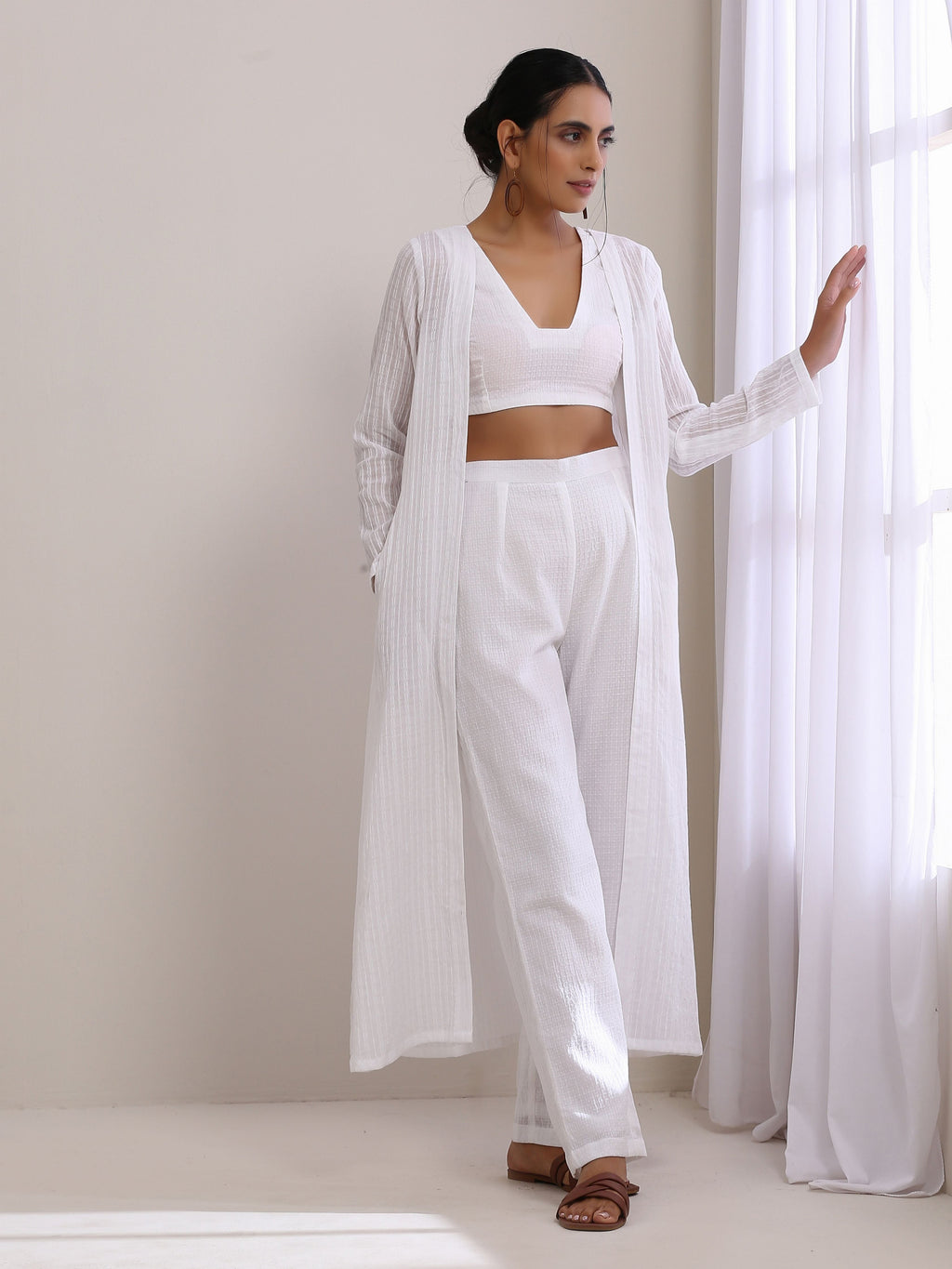 trueBrowns White Dobby Overlay Jacket Blouse Pant Set