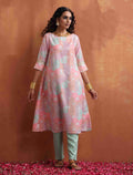 trueBrowns Beige Palm Print A-line Kurta Set