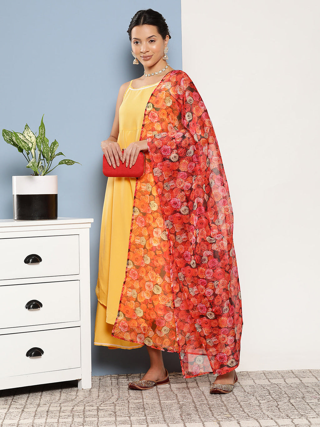 InWeave Women's Cassatta Yellow Cr Strappy Set With Rose Print Dupatta