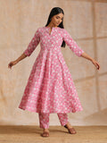 trueBrowns Pink Overall Floral Block Print Cotton Flared Kurta Pant Set