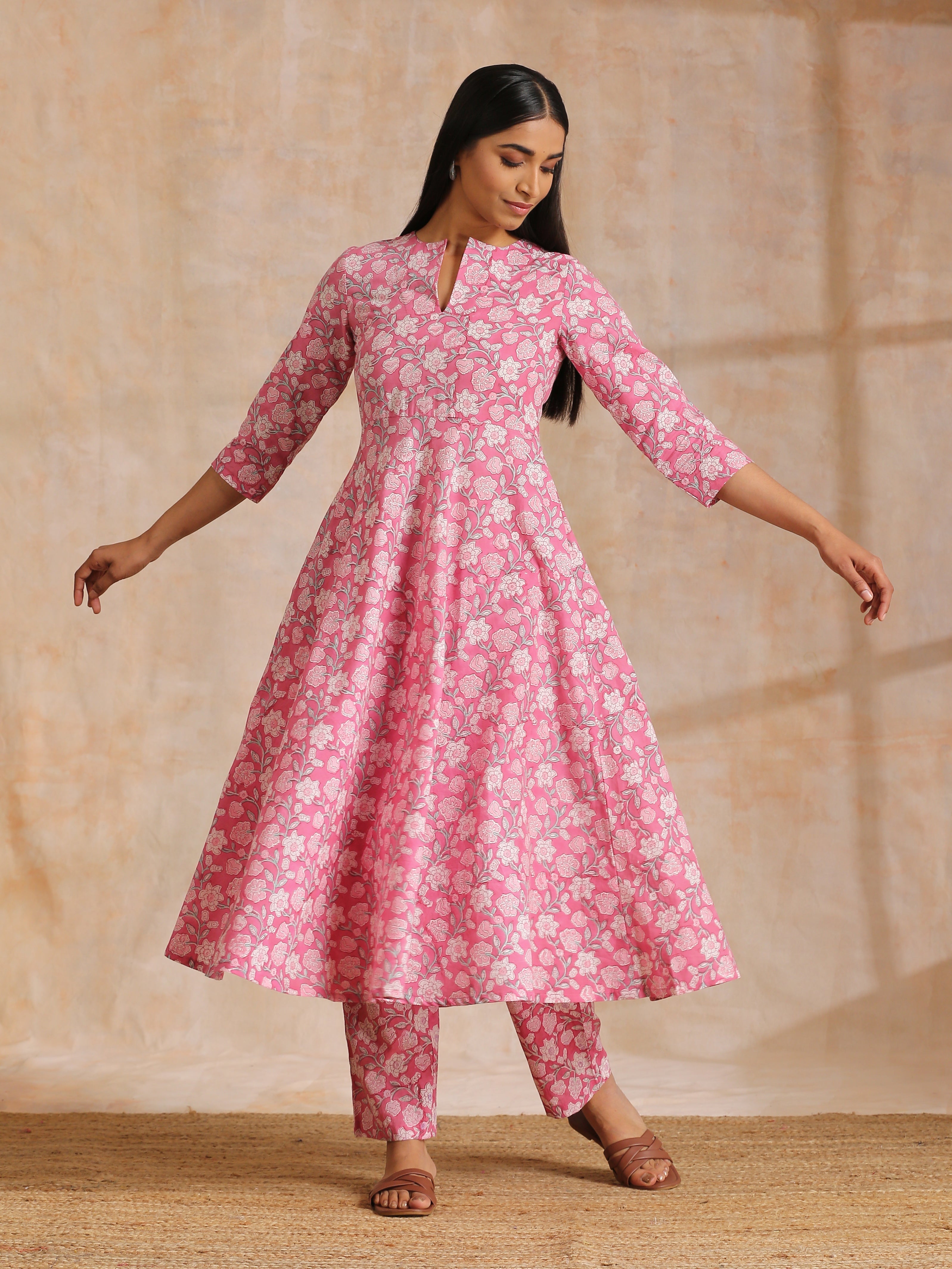 trueBrowns Pink Overall Floral Block Print Cotton Flared Kurta Pant Set