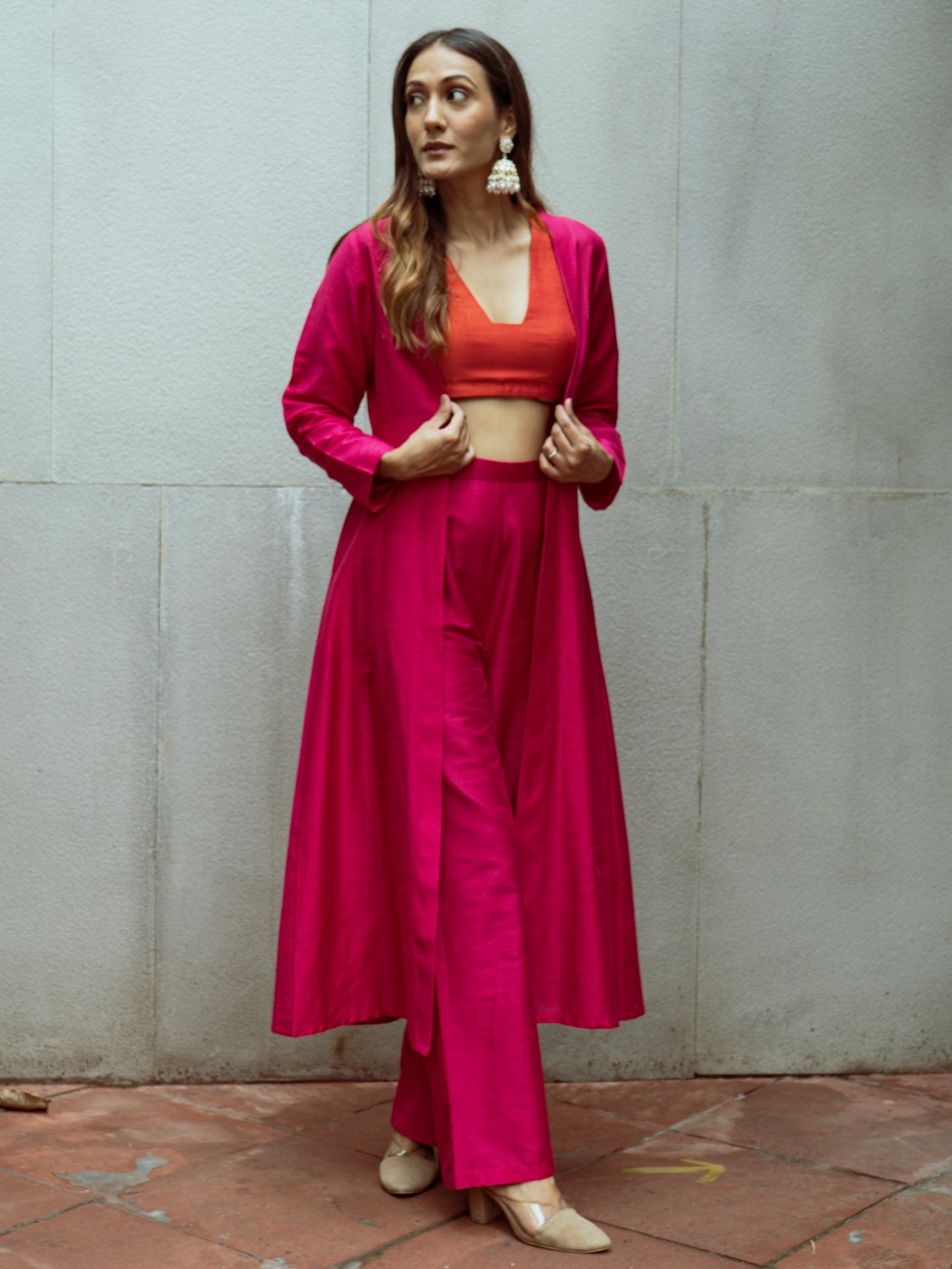 trueBrowns Pink Dupion Silk Overlay Jacket Blouse Pant Set