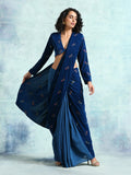 trueBrowns Blue Embroidered Velvet Ready to Wear Saree