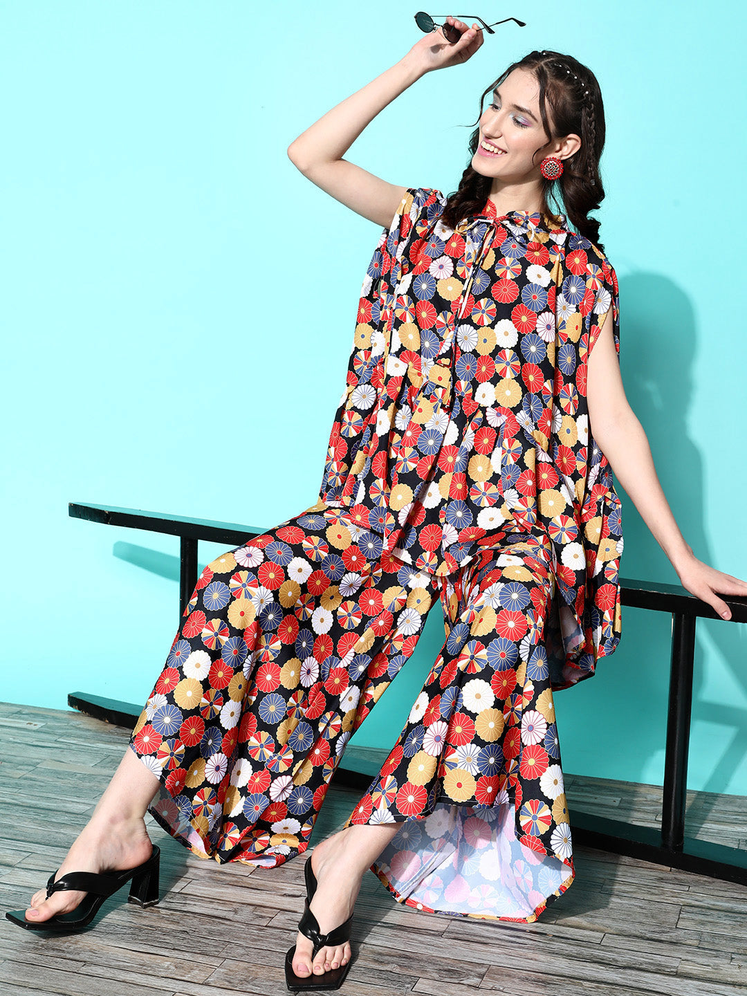InWeave Women's Red White Round Motif Tiered Kaftan Kurta Set