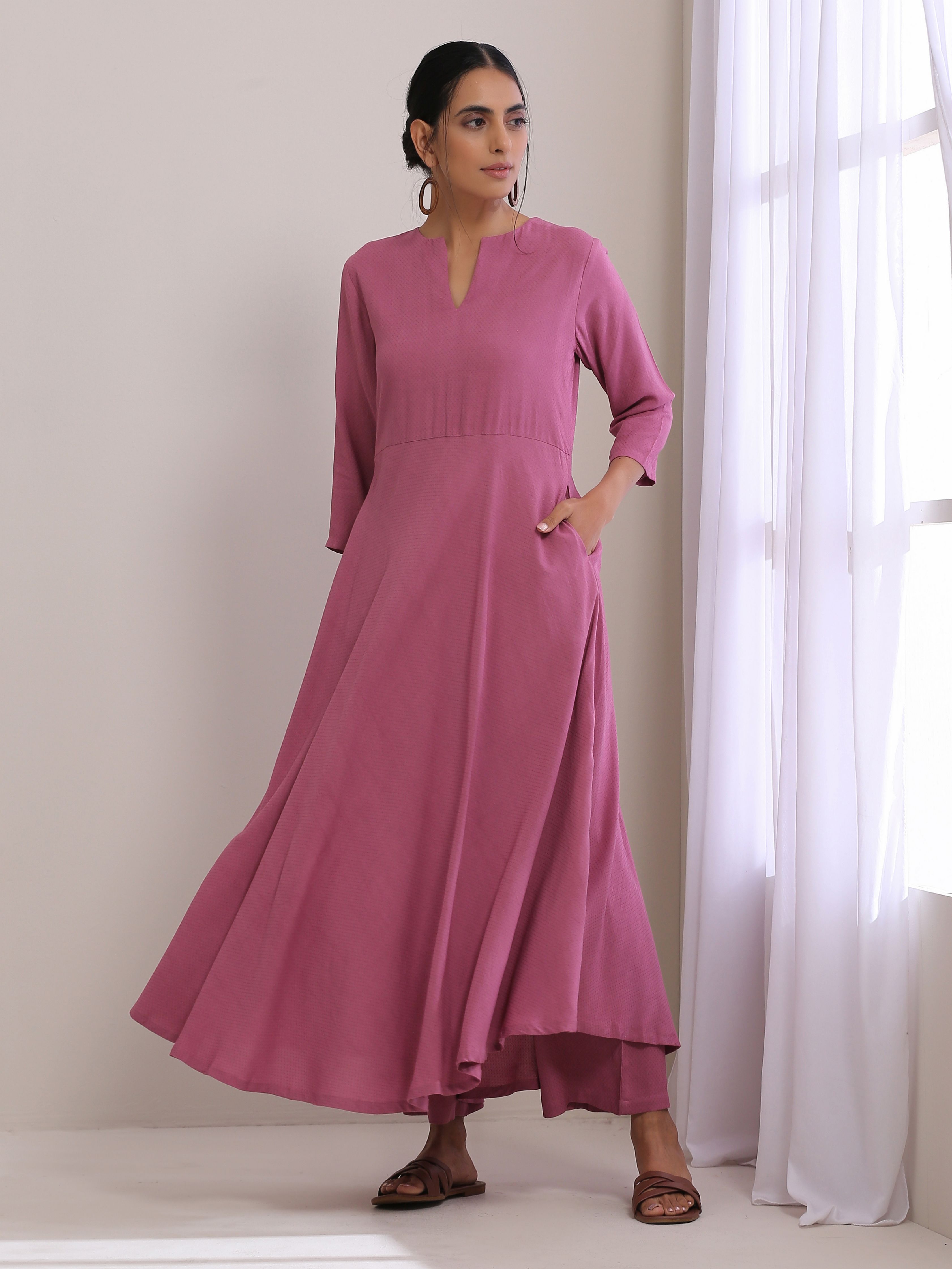 trueBrowns Onion Pink Dobby Anarkali Pant Set
