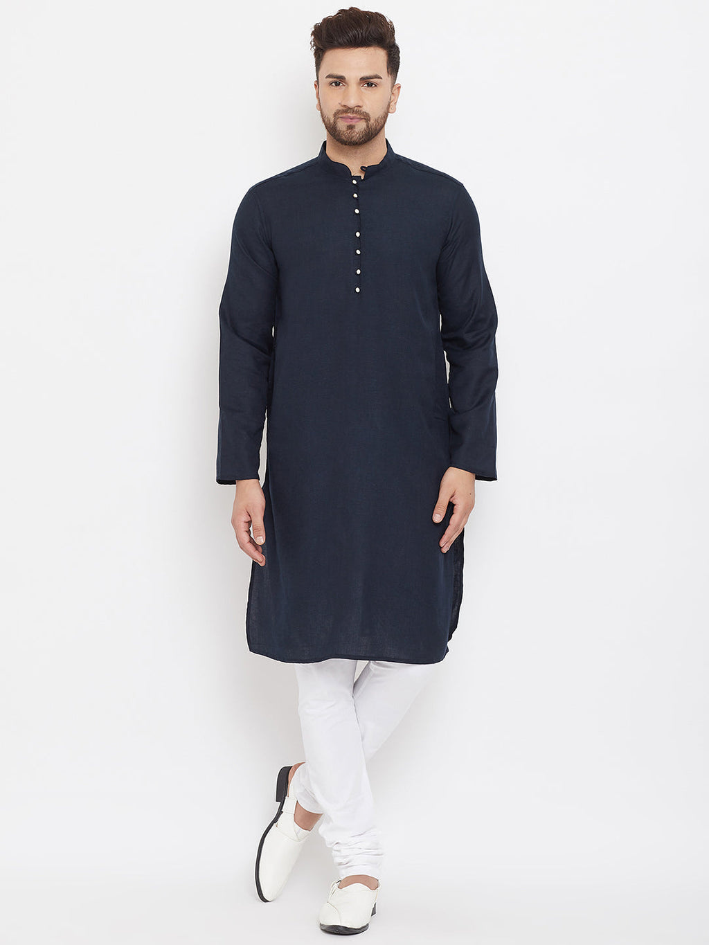 Even Apparels Blue Pure Cotton Kurta With Band Collar