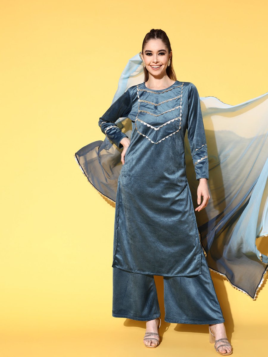 Ahalyaa Women Gotta Patti Velvet Kurta with Palazzos & With Dupatta
