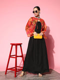 InWeave Women's Black Strappy Set With Pink Mustard Floral Short Organza Cape