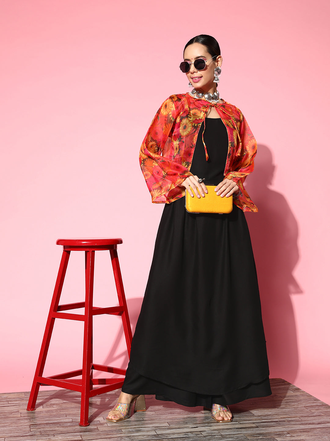 InWeave Women's Black Strappy Set With Pink Mustard Floral Short Organza Cape