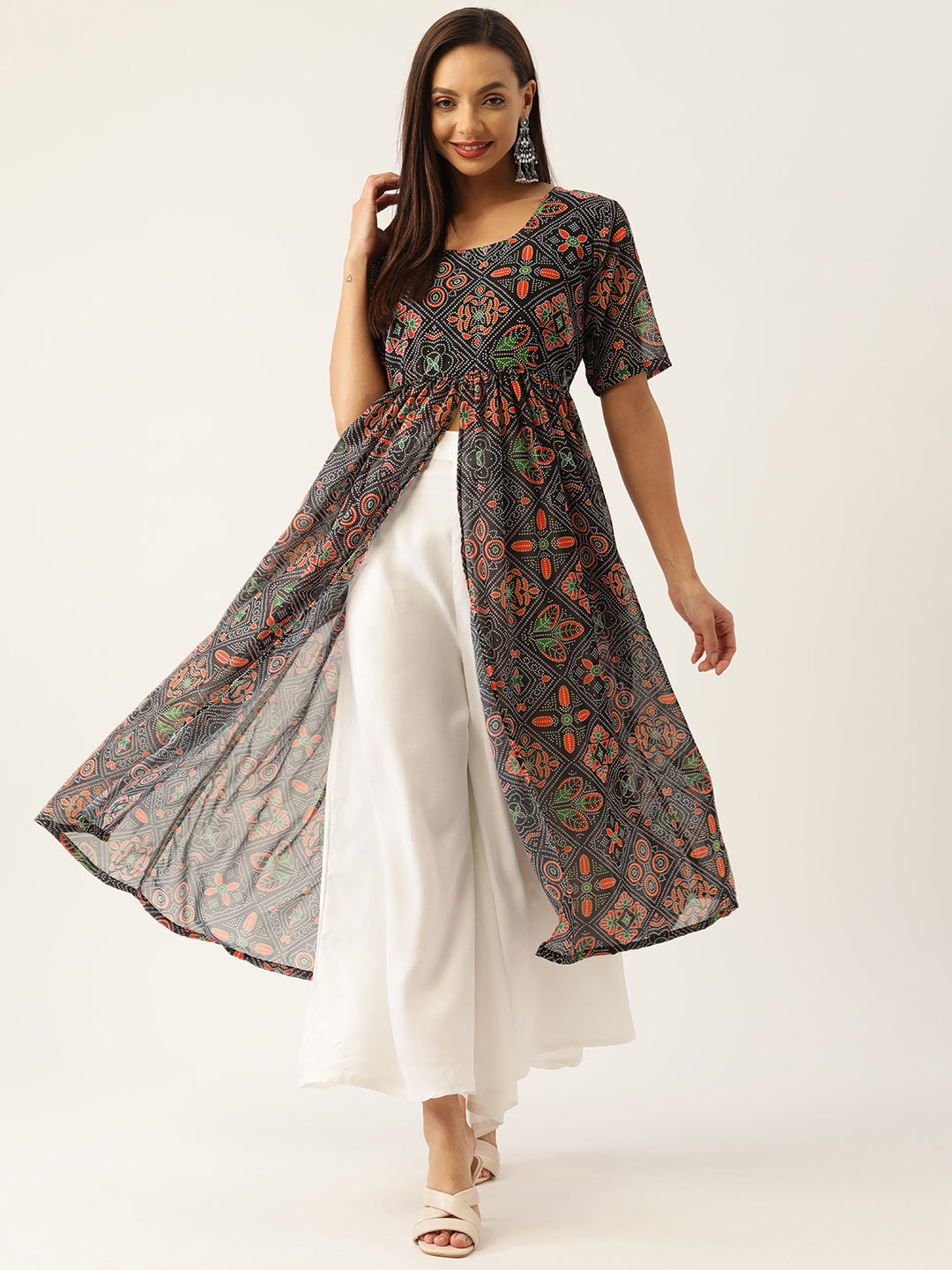 InWeave Women's Black Bandhani Georgette Front Slit Kurta Set