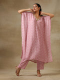 trueBrowns Light Mauve Bandhani Printed Silk Kaftan Kurta Pant Set