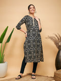 InWeave Women's Black Ikkat Print Gota Cotton Straight Kurta