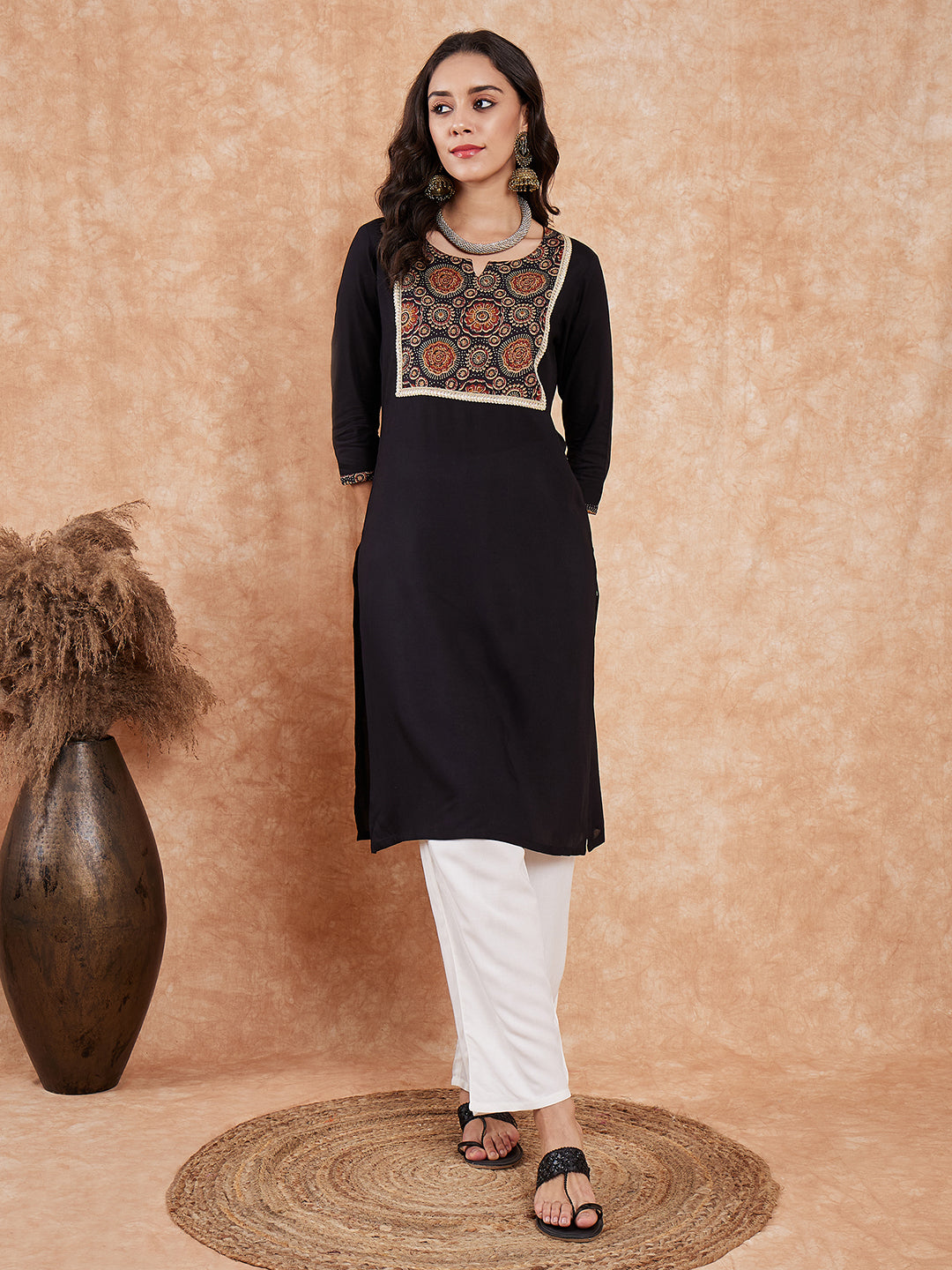 InWeave Women's Black Printed Neck Patch Work Straight Kurta