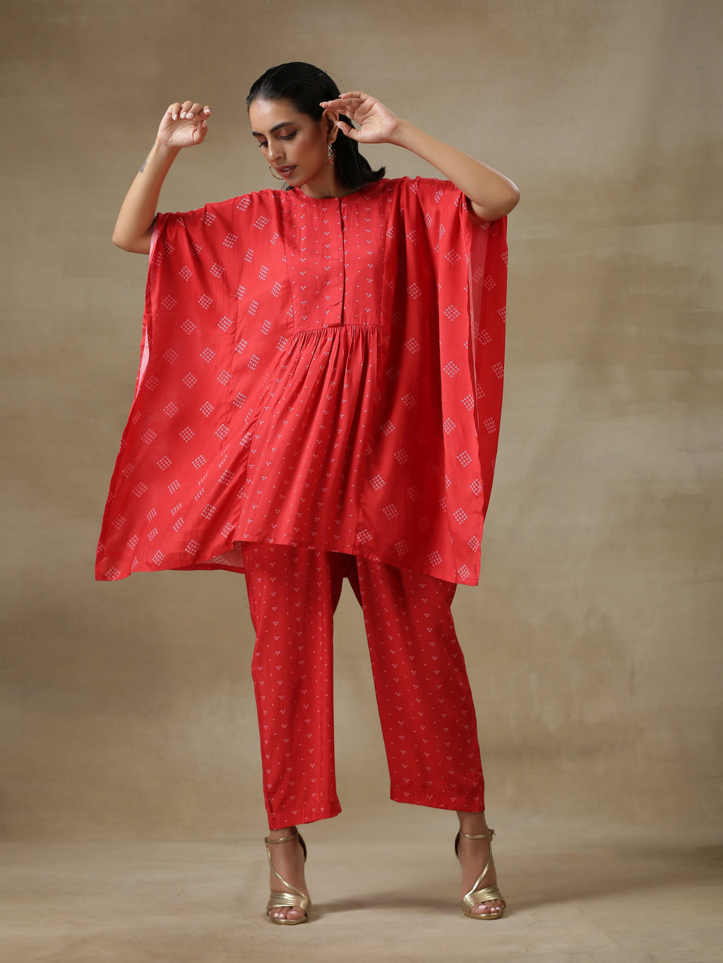 trueBrowns Red Bandhani Printed Silk Kaftan Gathered Co-Ord Set
