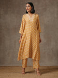 trueBrowns Beige White Flared Printed Silk Kurta Pant Set