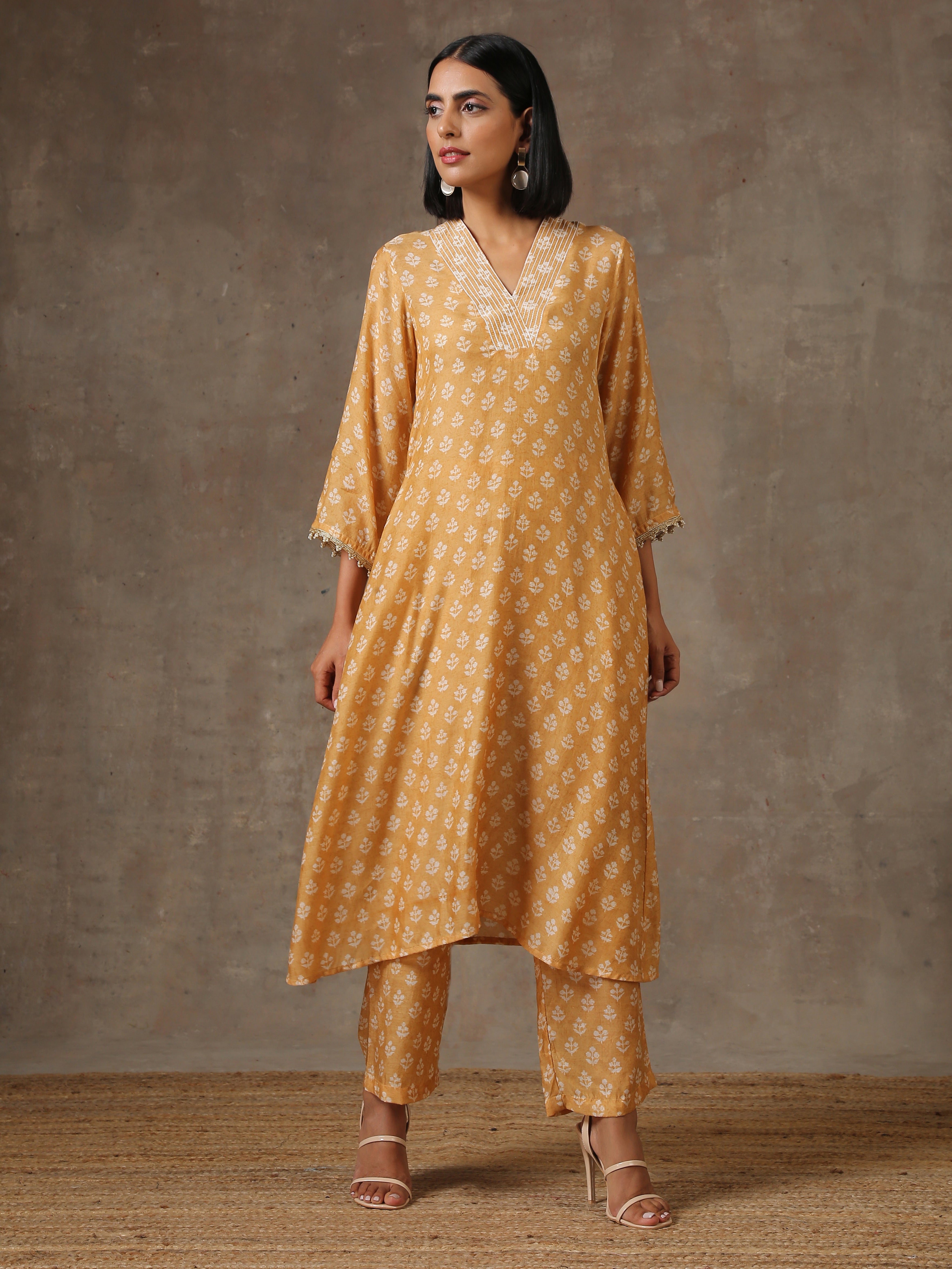 trueBrowns Beige White Flared Printed Silk Kurta Pant Set
