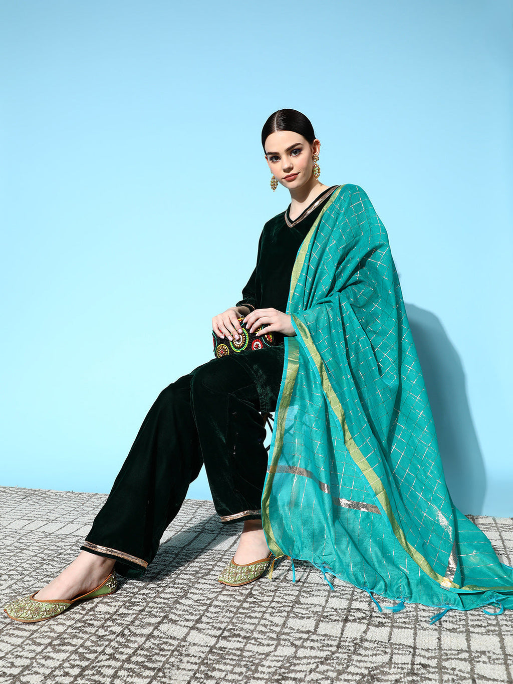 InWeave Women's Green Velvet Kurta Set With Teal Gold Check Dupatta