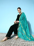 InWeave Women's Green Velvet Kurta Set With Teal Gold Check Dupatta