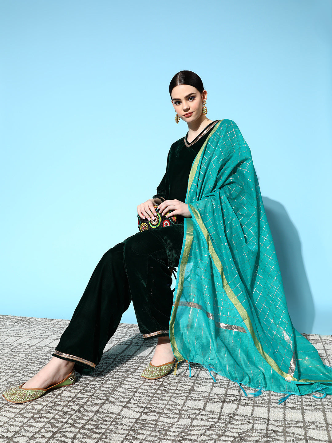 InWeave Women's Green Velvet Kurta Set With Teal Gold Check Dupatta