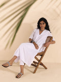 trueBrowns White Cotton Dobby V-Neck Kurta Pant Set