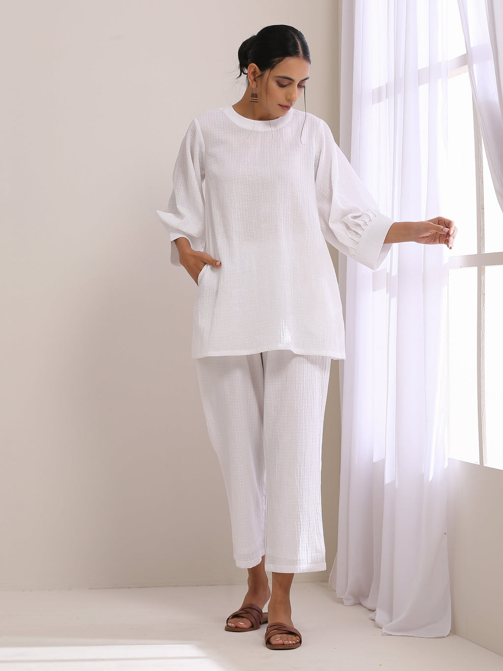 trueBrowns White Dobby Baggy Sleeve Co-Ord Set