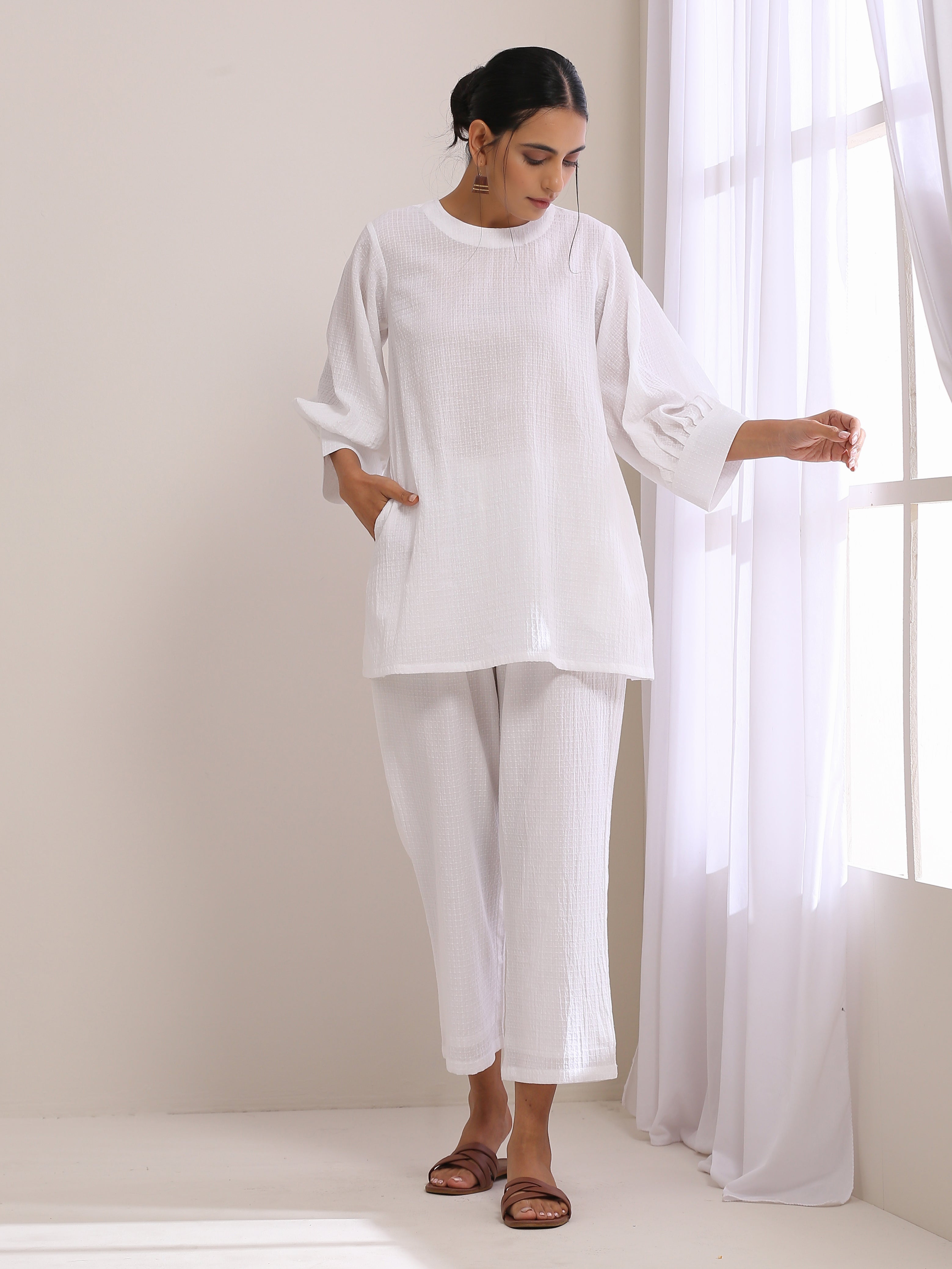 trueBrowns White Dobby Baggy Sleeve Co-Ord Set