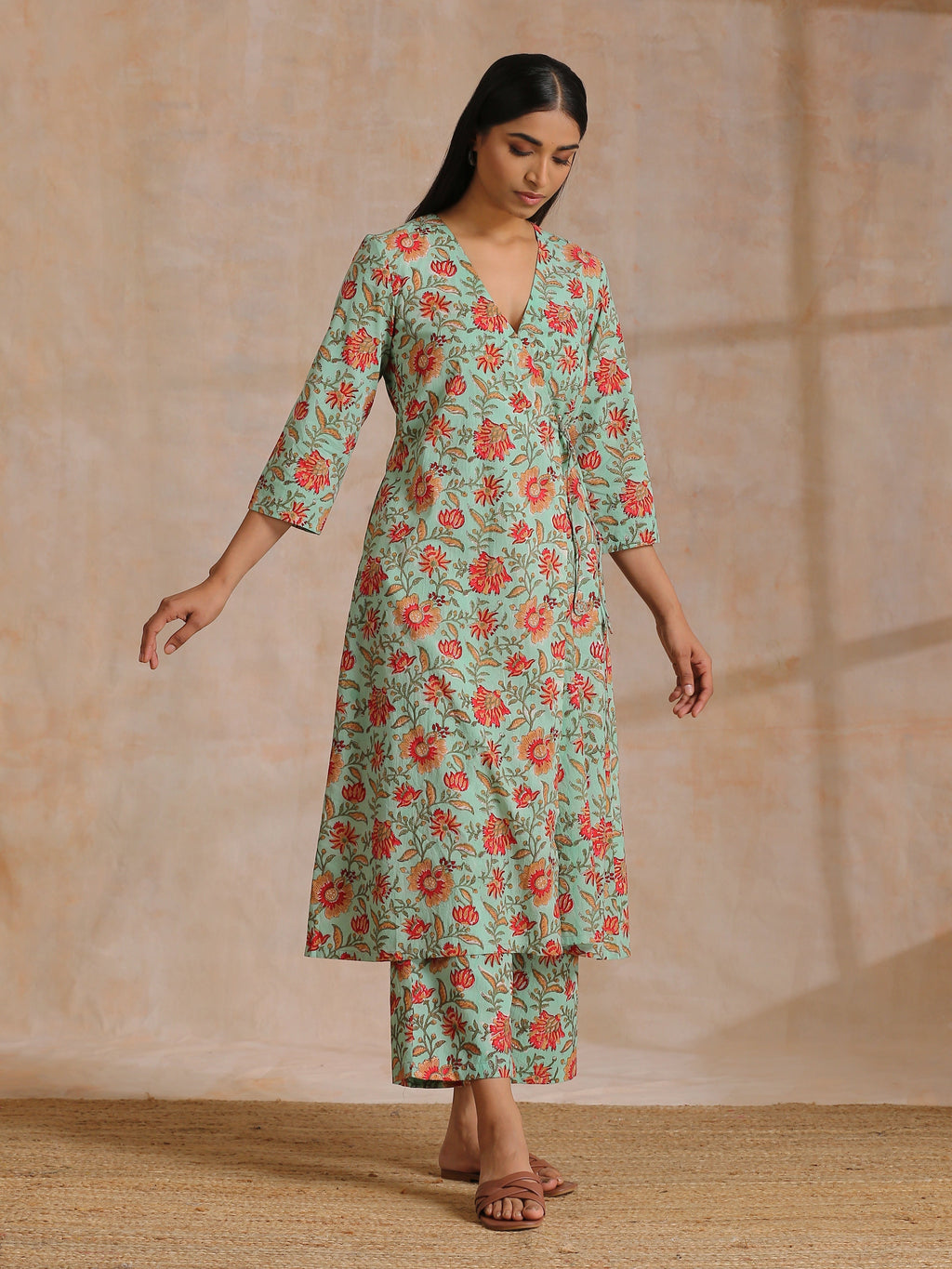 trueBrowns Seafoam Green Overall Floral Block Print Cotton Angrakha Pant Set