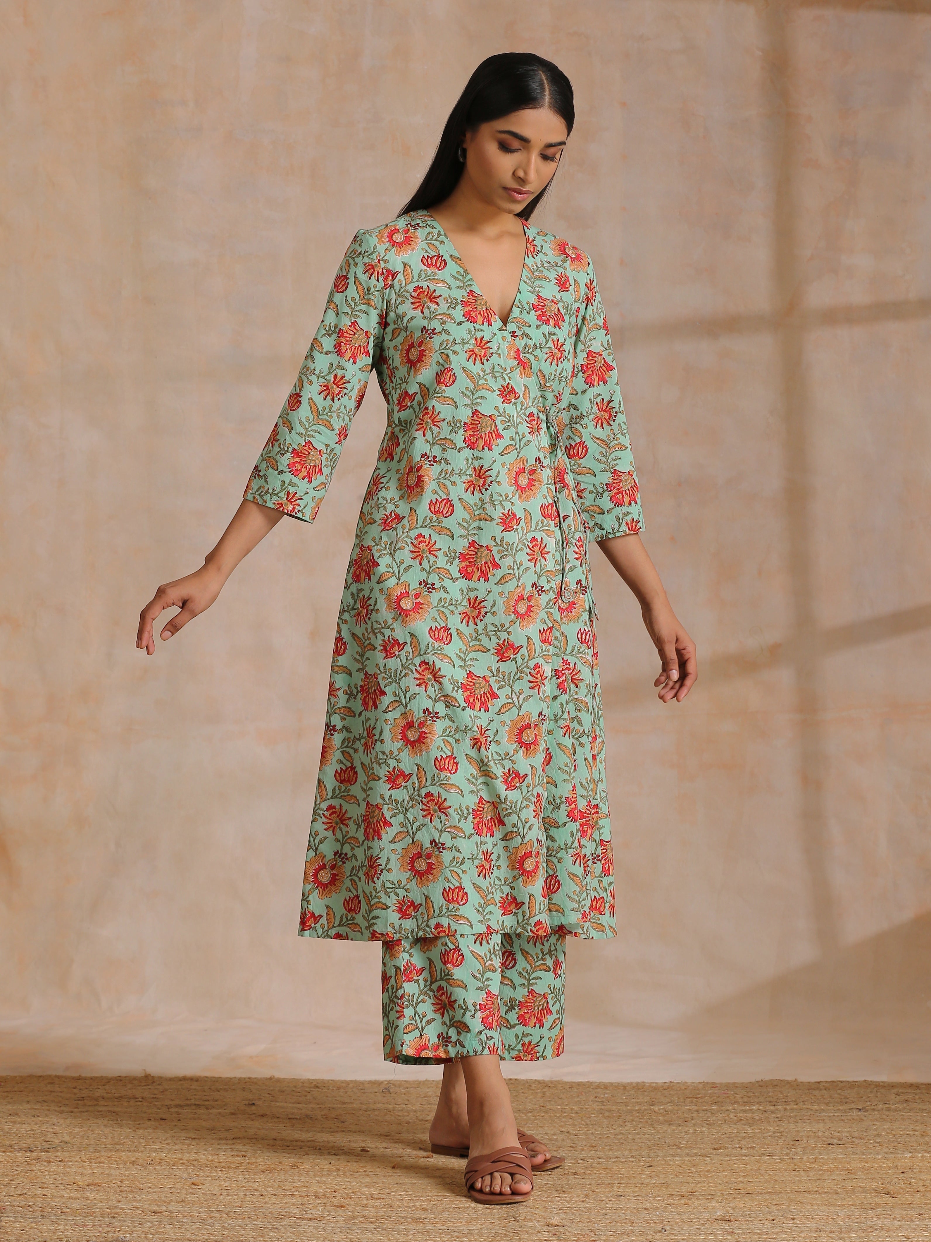 trueBrowns Seafoam Green Overall Floral Block Print Cotton Angrakha Pant Set