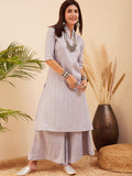 InWeave Women's Light Grey Lurex Kantha Mandarin Neck Kurta Palazzo Set