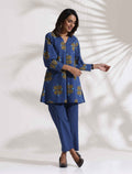 trueBrowns Blue Cotton Print Top & Pants Co-ord Set