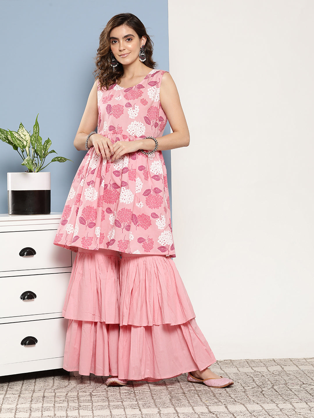 InWeave Women's Pink Printed Chintz Tiered Sharara Set