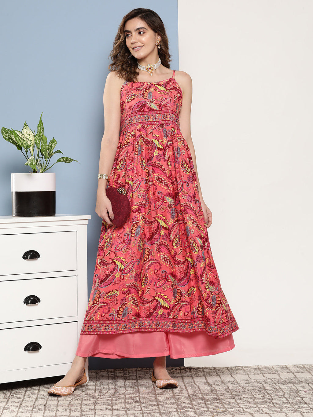 InWeave Women's Camelia Pastel Peach Print Strappy Kurta Set
