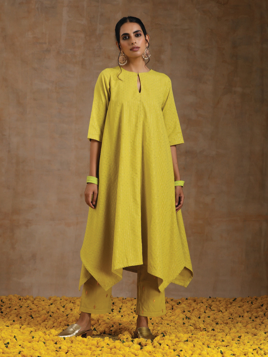 trueBrowns Lime Gold Cotton Handkerchief Kurta Set