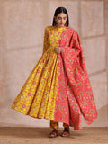 trueBrowns Sunshine Yellow Overall Floral Block Print Cotton Kurta Pant Dupatta Set