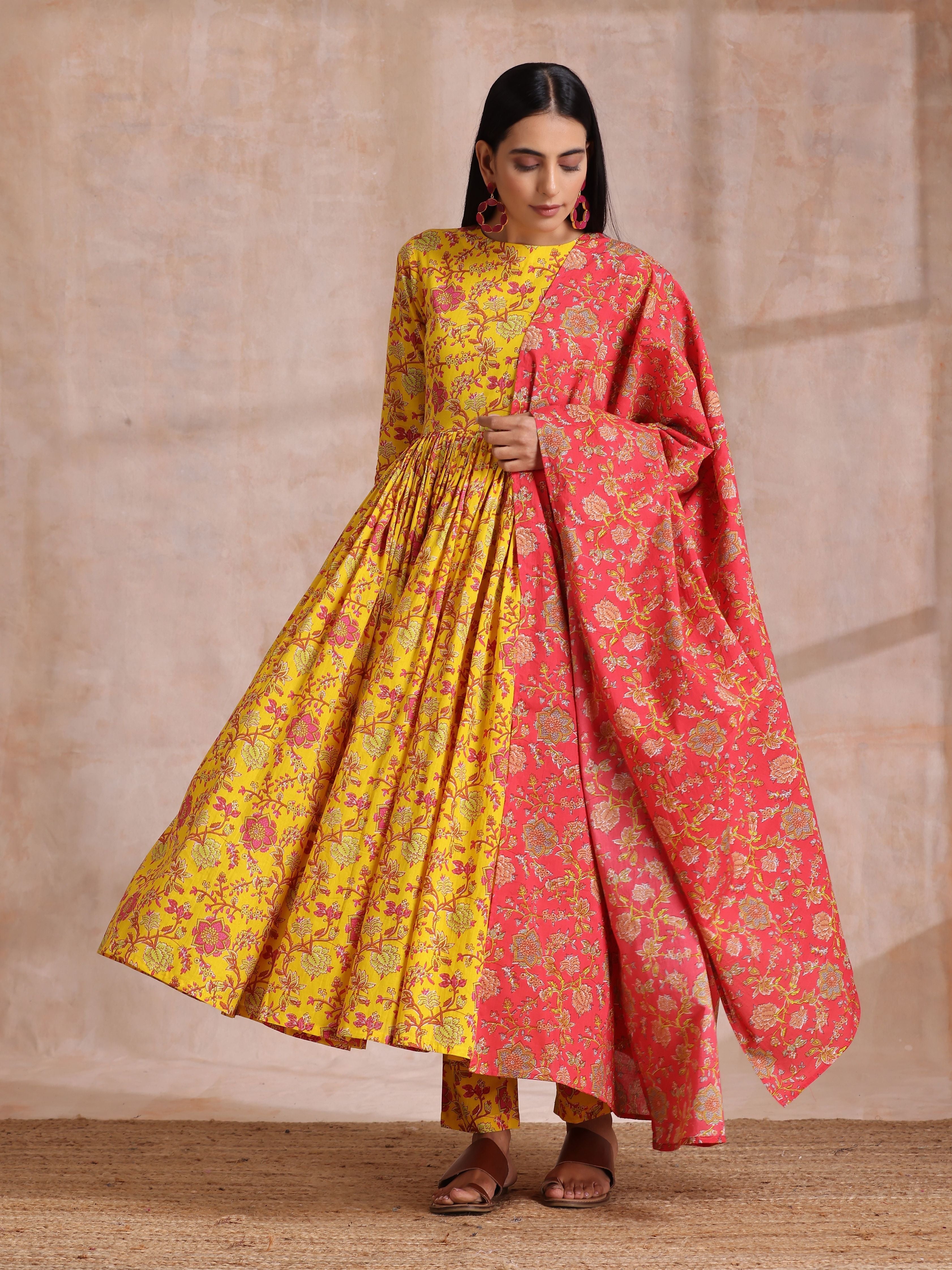 trueBrowns Sunshine Yellow Overall Floral Block Print Cotton Kurta Pant Dupatta Set