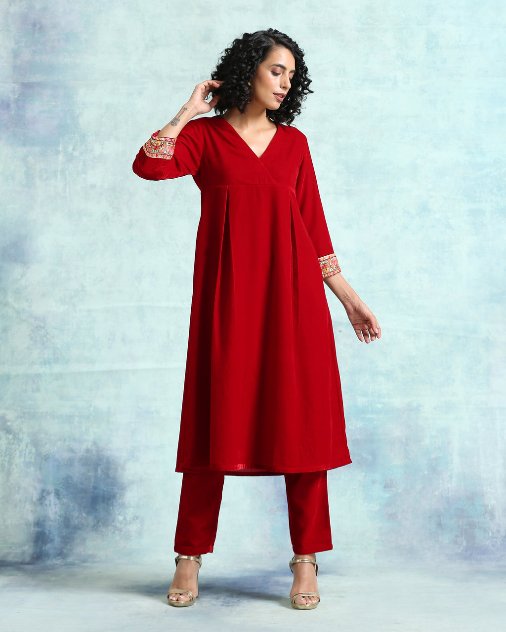 trueBrowns True Red Velvet Yoke Kurta