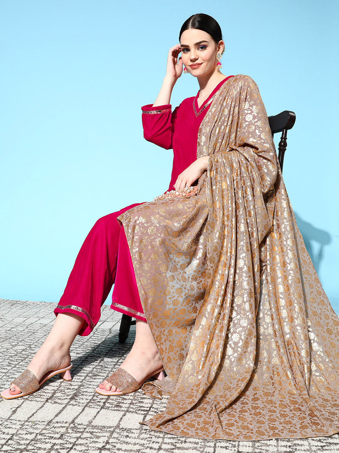InWeave Women's Fuschia Velvet Kurta Set With Grey Gold Georgette Dupatta