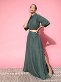 InWeave Women's Hunter Green Gold Crop Top With Side Slit Skirt