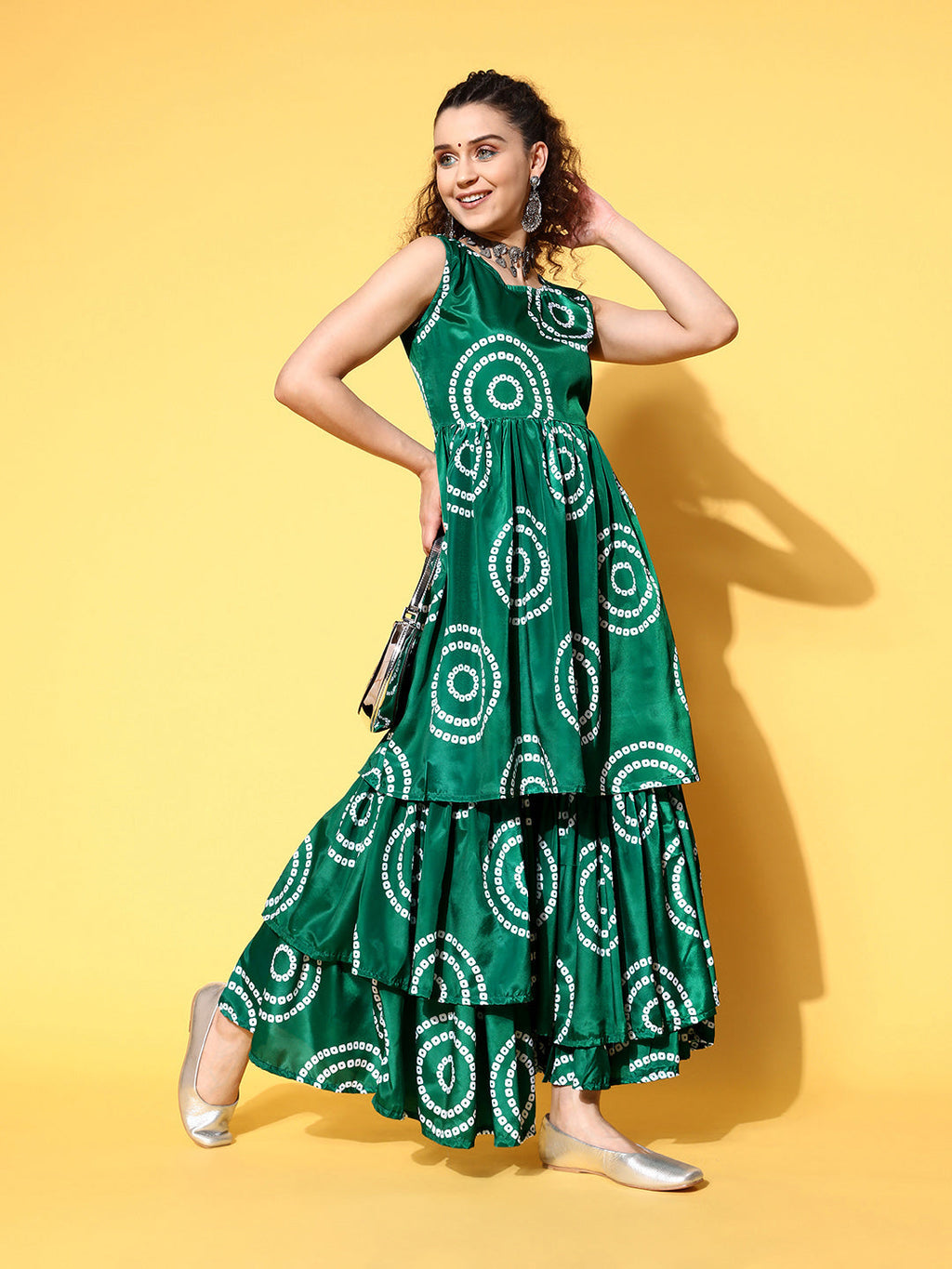 InWeave Women's Green Bandhani Motif Tiered Sharara Set